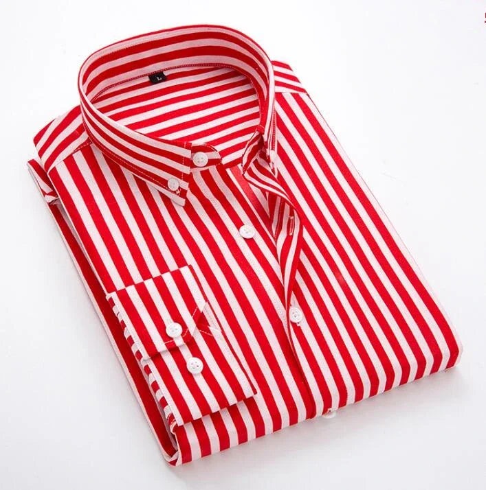 Men's Striped Shirt, Single-breasted Long-sleeved Shirts Autumn New Men Top Red Blue Black Slim Version Male Chemise Asian Size