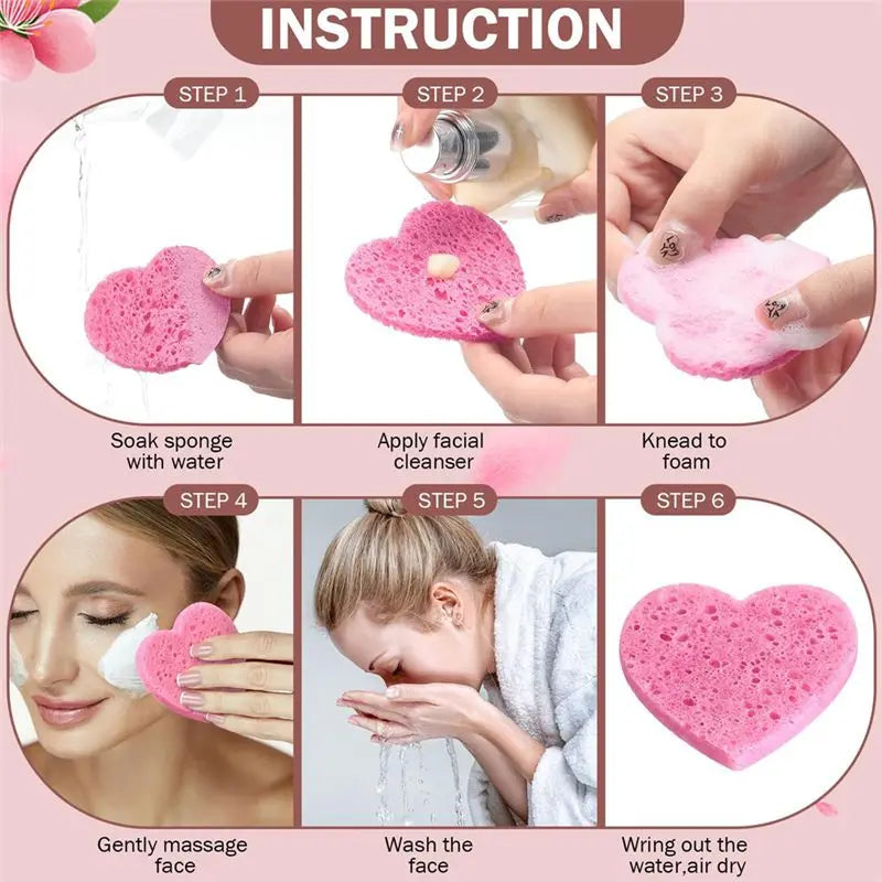 BAAG-100 Count Compressed Facial Sponges Heart Shape Face Sponges Natural Facial Cleansing Sponges Pads Pink For Cleansing