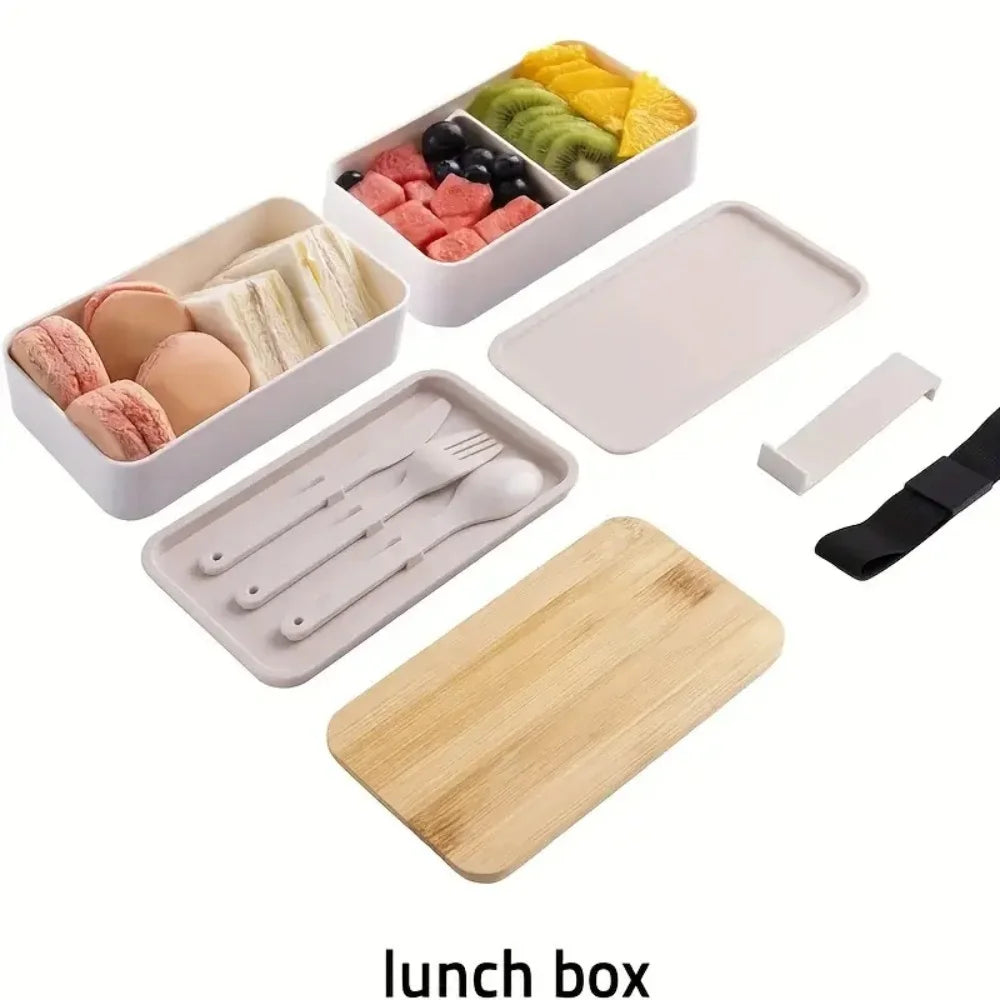 Adult Bento Lunch Box, 2-Tier Food Storage Container Set with Cutlery for Kids/children, Crisper Microwave and Dishwasher Safe