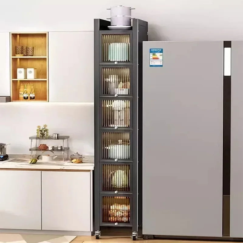 Multi-functional Kitchen Shelf Floor-to-ceiling Shelf Locker Microwave Pot Oven Cabinet Storage Rack with Cabinet Door