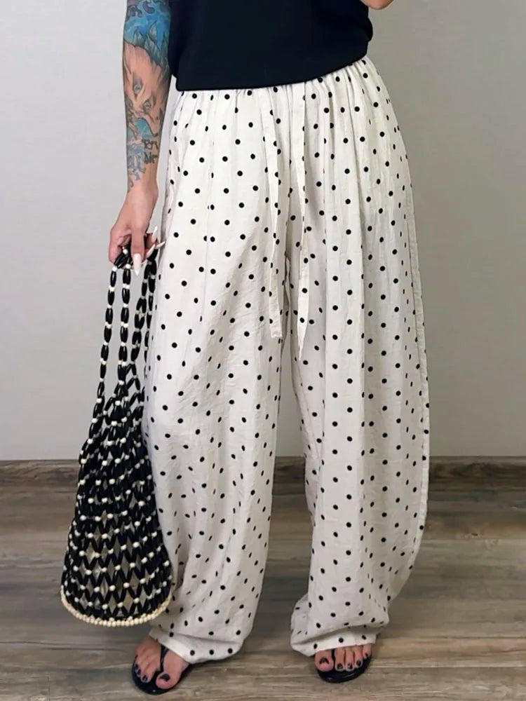 Polka Dot Cotton Linen Pants White Women Wide Leg Summer Spring Baggy Trousers For Woman High  Waist Linen Loose Pants Women
