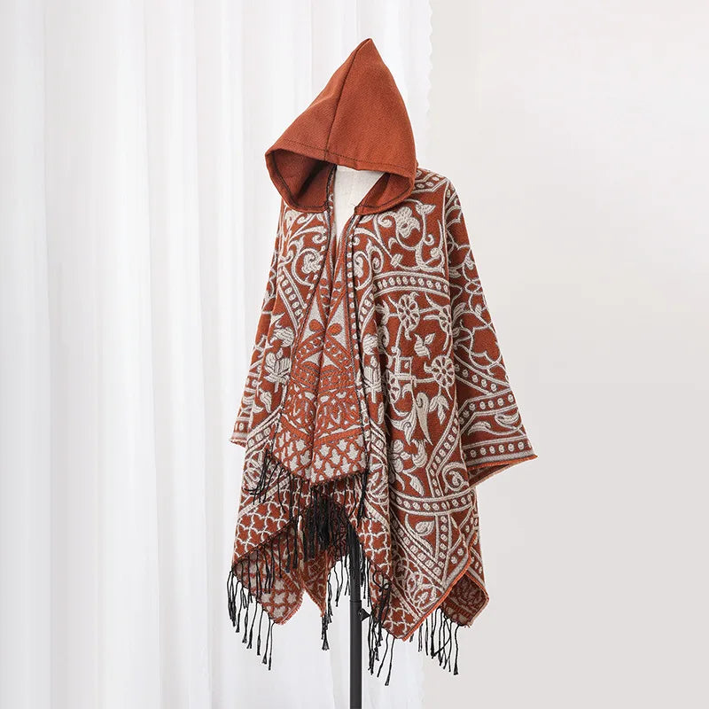 2025 New Men's Imitation Wool Cape Shawl Cross-border Hot Selling Hooded Woven Slit Cape Autumn and Winter Poncho Cloak P8