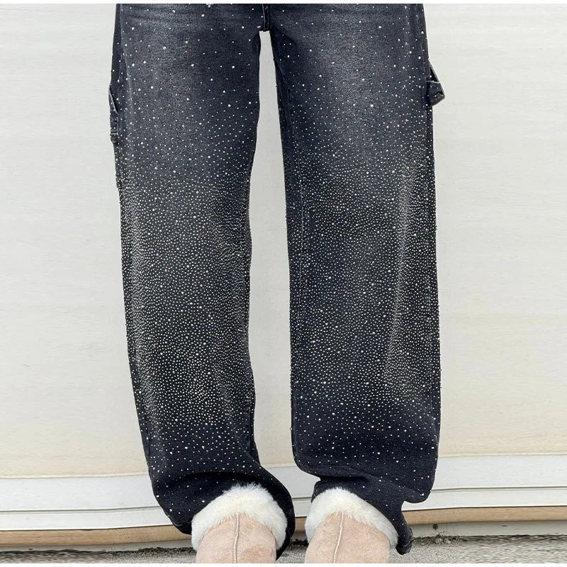 Shiny Rhinestone Baggy Women's Wide Leg Jeans Full Diamond Wide Leg Dragging Denim Pants Vintage Washed Pants Casual Trousers