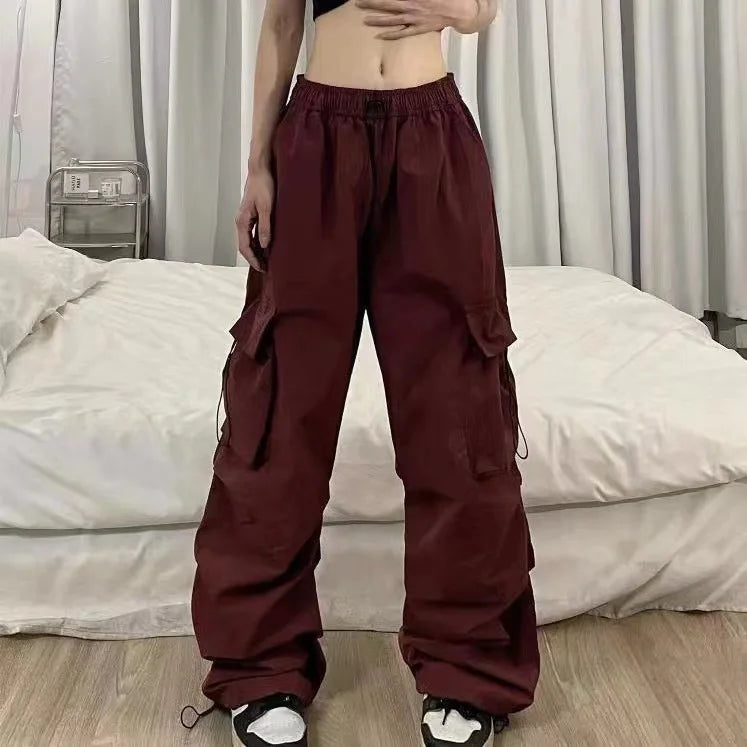 Women Streetwear Cargo Pants Elastic Waist Multi Pocket Loose Wide Leg Vintage Drawstring Casual Trousers