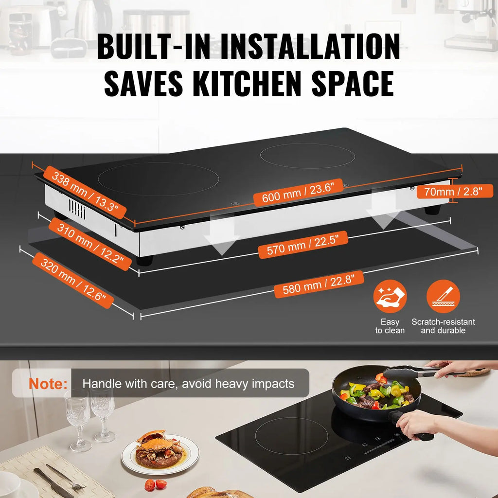 Electric Cooktop, 24 inch 2 Burners Built-in Electric Stove Top, 1800W Ceramic Top Radiant Cooktop with Glass Panel, Touch