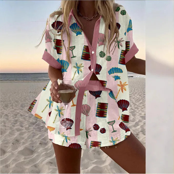 Fashion Print Beach Holiday 2-Piece Set Women Summer Short Sleeve Shirt Top + Wide Legs Short Women's Oversized Two-Piece Outfit