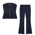 HH Women Summer Sexy Tube Top Zipper Sleeveless Short Top+Mid-Waist High Street Casual Trousers Fashion Denim 2-Piece Set