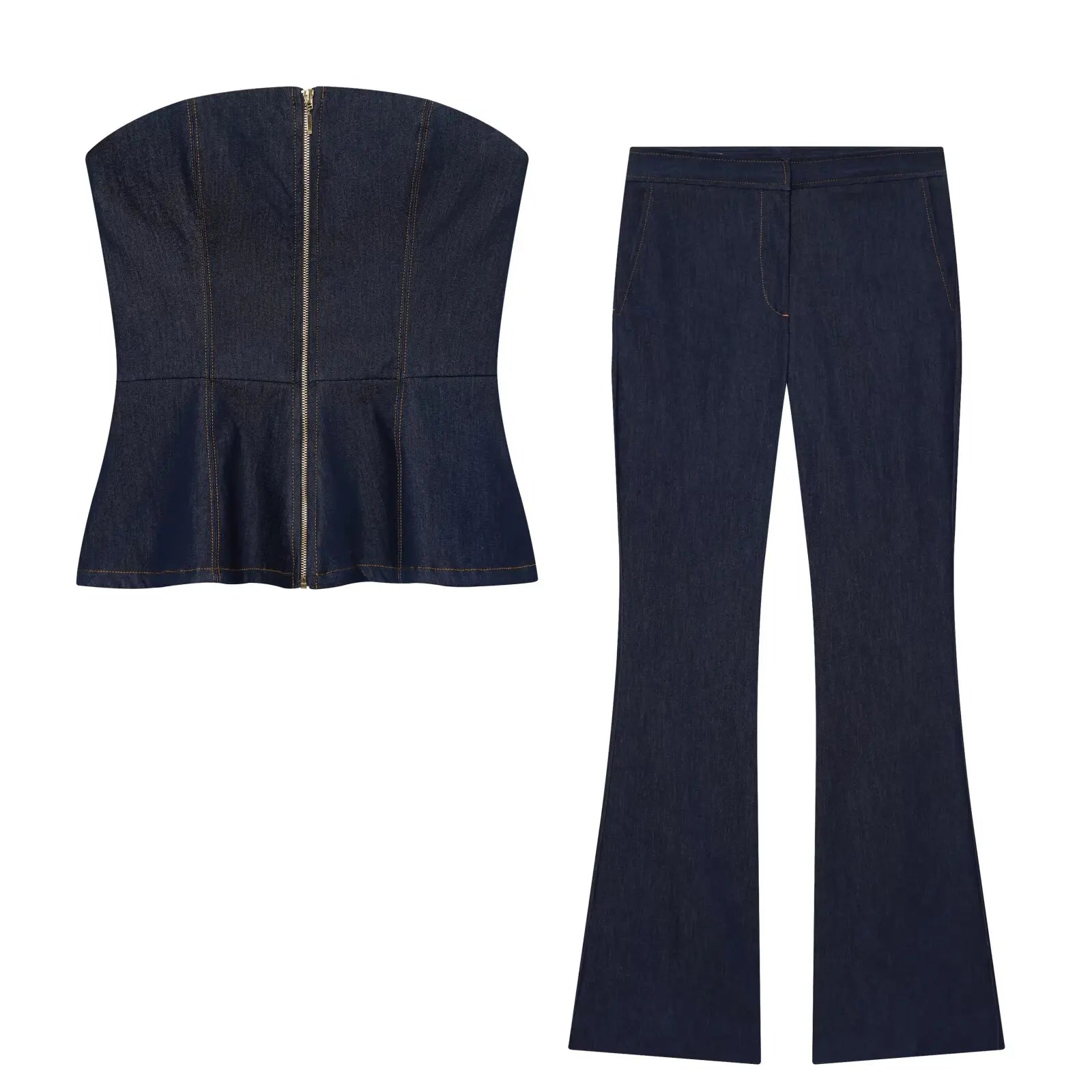 HH Women Summer Sexy Tube Top Zipper Sleeveless Short Top+Mid-Waist High Street Casual Trousers Fashion Denim 2-Piece Set