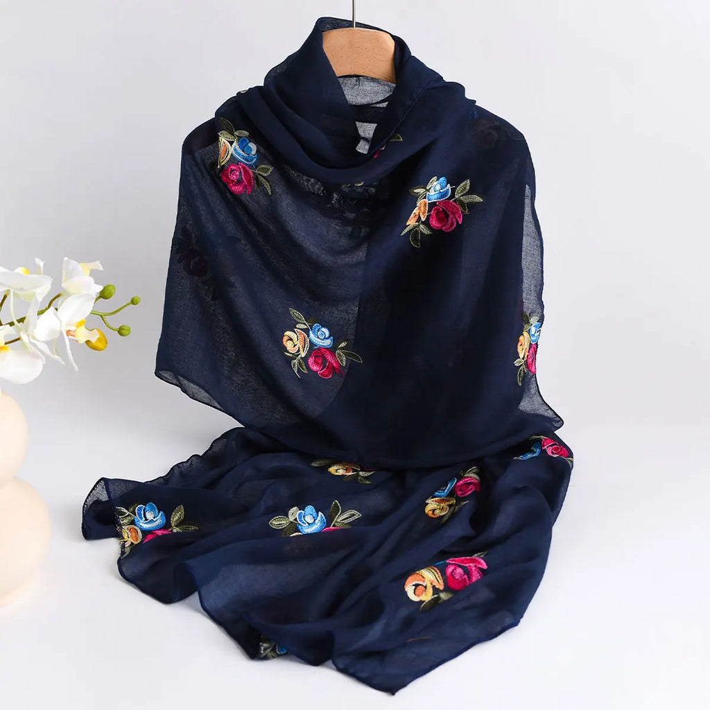 Spring and Summer Lightweight Breathable Cotton and Linen Embroidery Scarf Ethnic Style Fashionable Soft Women's Sunscreen Scarf