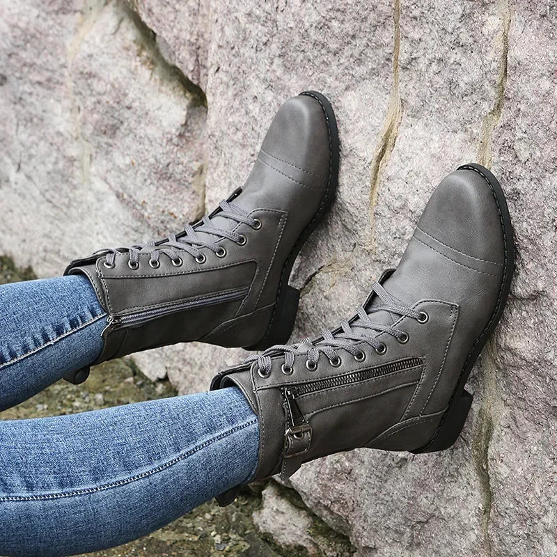 Women's Square Heels Ankle Booties  Autumn Winter PU Leather Short Work Boots Woman Plus Size Lace Up Elastic Botas Mujer 2024