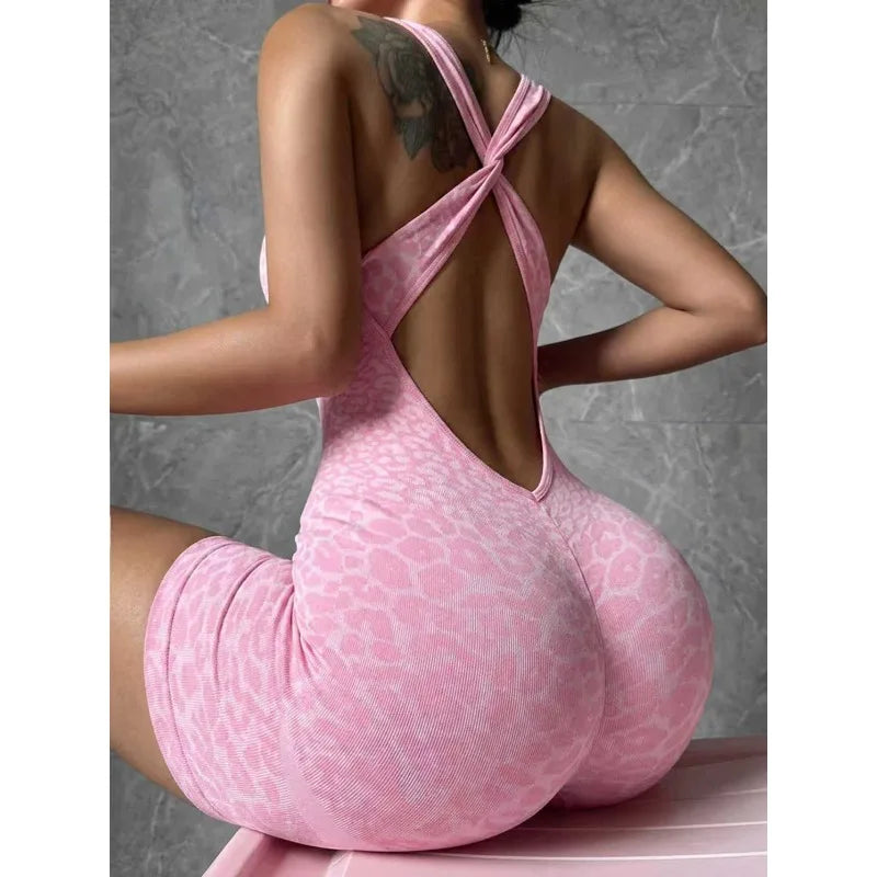 Leopard Seamless Fitness Bodysuit Shorts Women Cross Strap High Stretch Yoga Jumpsuit Workout Fashion Butt Liftting Bodysuit