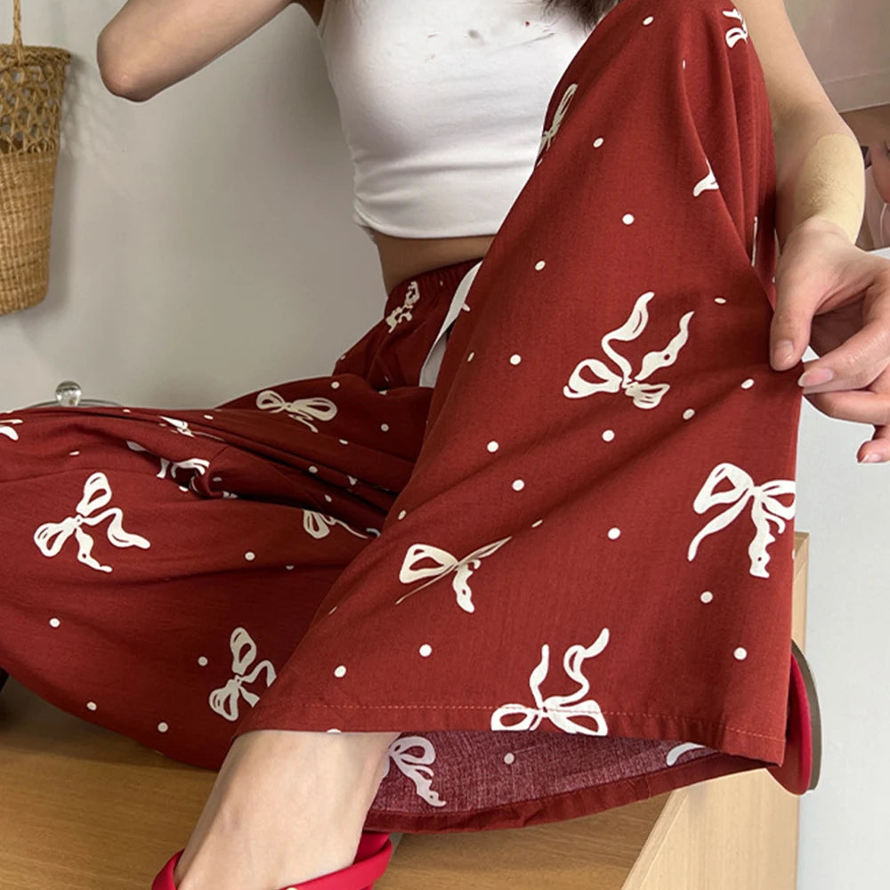 2025 Summer Sleeping Pants Women Thin Bottoms Spring Large Size Home Wear Pants Pajamas Flower Print Loose Cute Beach Trousers