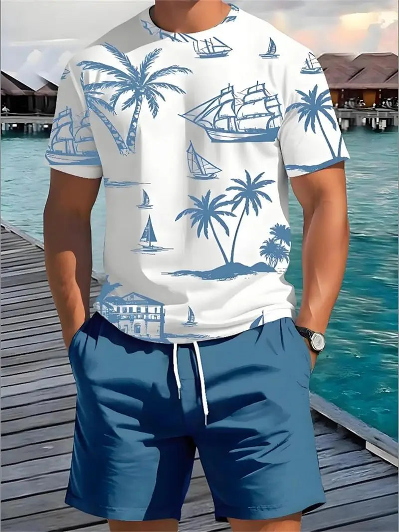 2025 Summer New Men's Short-sleeved Top Palm Tree Print T-shirt Fashion Vacation Beach Casual Pattern