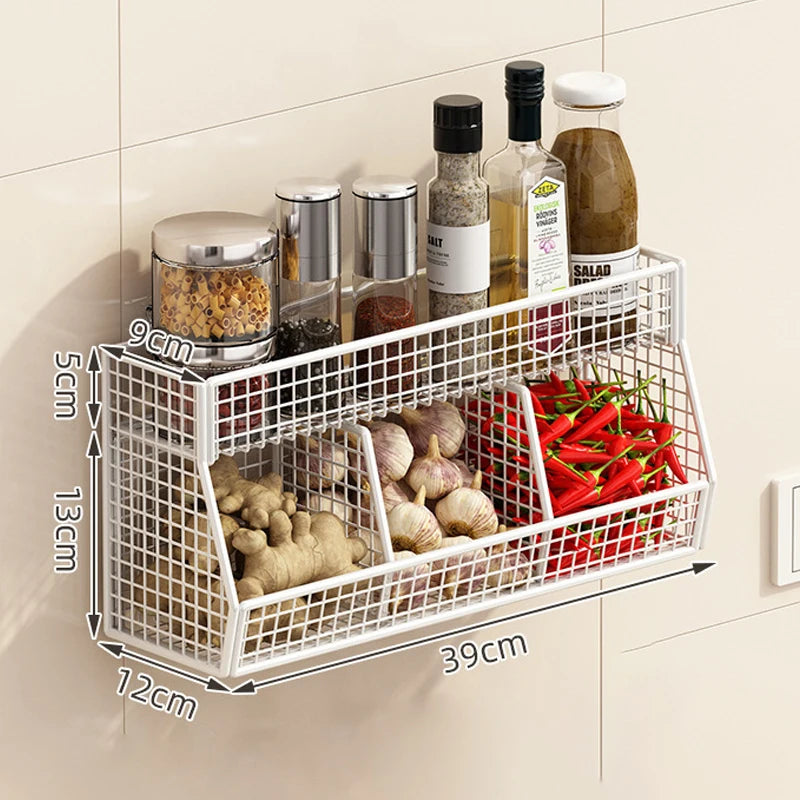 Kitchen Storage Rack with Three Compartments Screwless Wall-Mounted Multi-Functional Kitchen Storage Item for Household Use