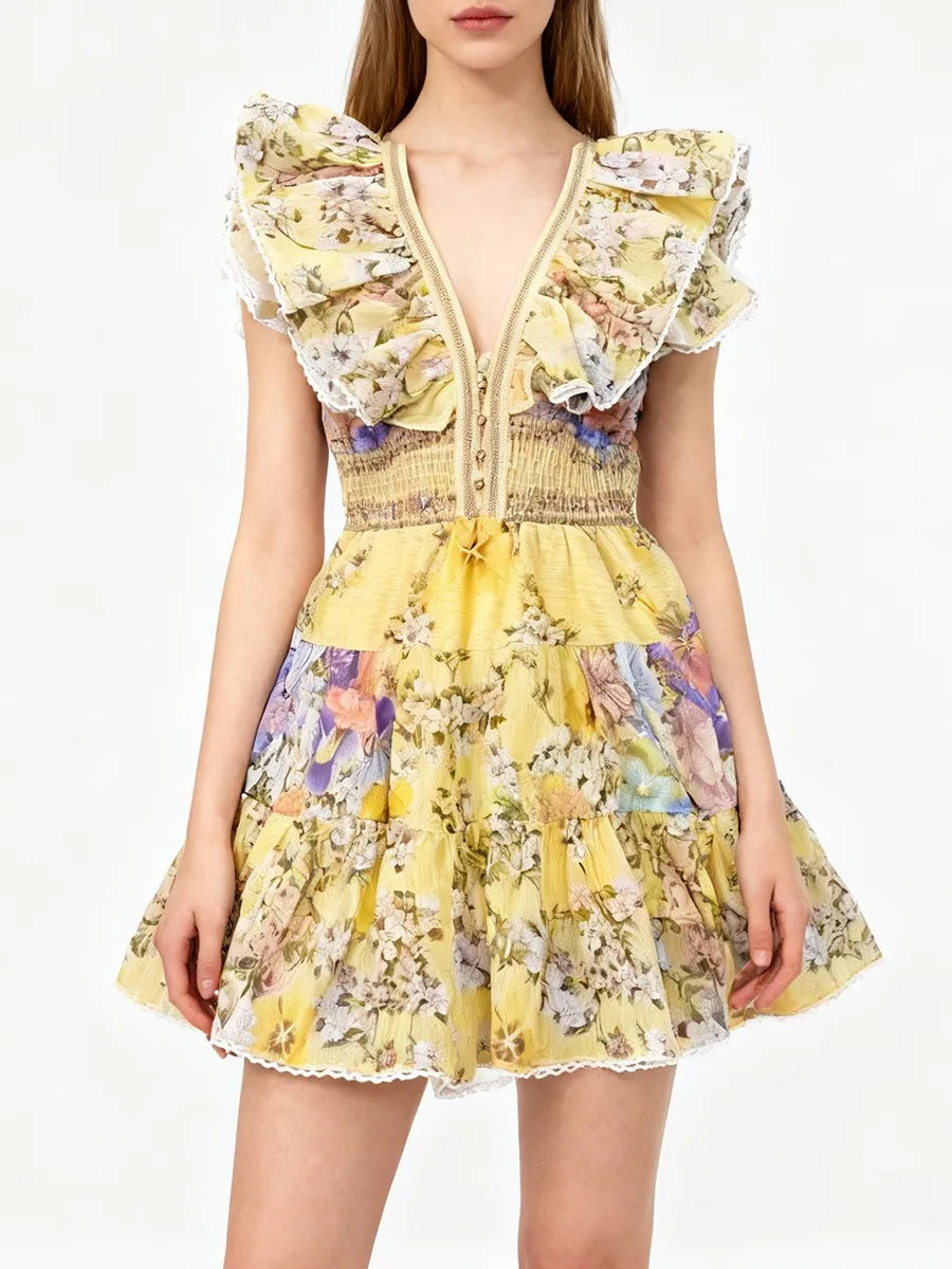 TWOTWINSTYLE Slimming Printing Spliced Ruffles Folds Elegant Dresses for Women V Neck Sleeveless High Waist Dress Female Clothes