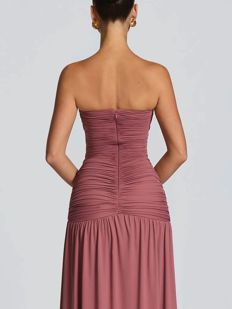 Rinabe Deep V Neck Strapless Maxi Dress Chic Solid Off-shoulder Backless Split Elegant Evening Dress Women Chic Slim Dresses