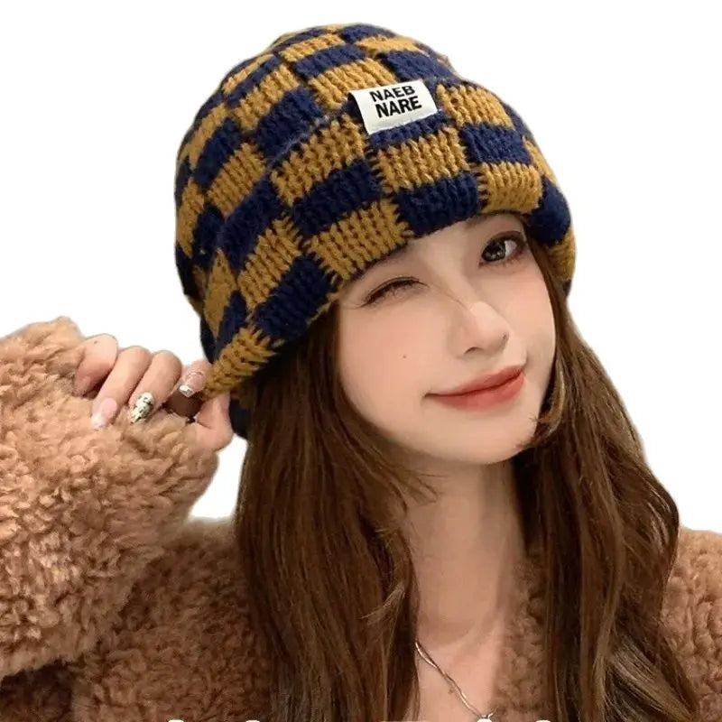 Luxury Brand Chessboard Plaid Knitted Hat Women Winter New Big Size Hat Warm Beanies Skullies Green Red Xmas Christmas Hat
