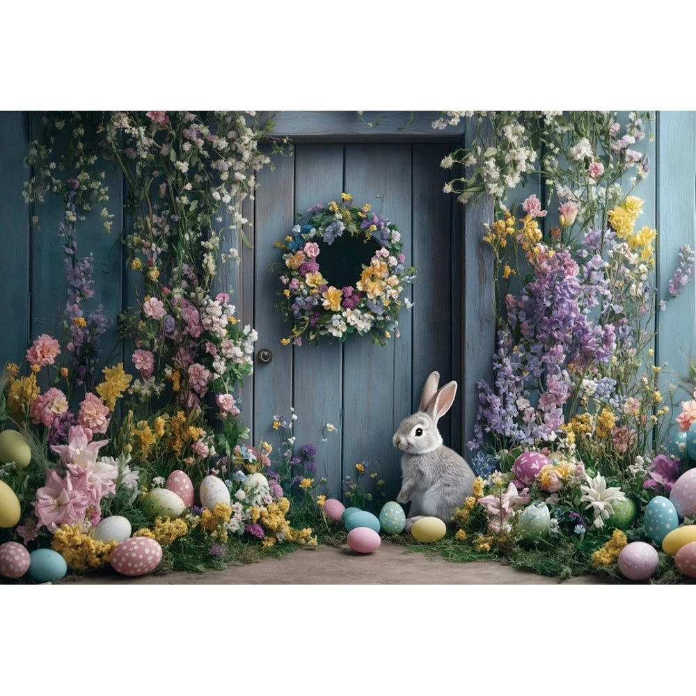 Happy Easter Day Photography Background Blue Wood Board Easter Egg Spring Flower Rabbit Kid Birthday Portrait Photocall Backdrop