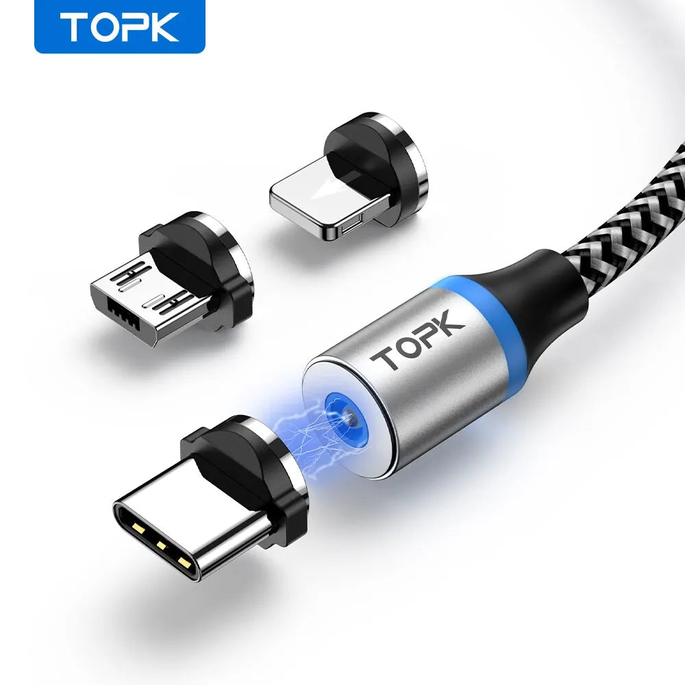 Magnetic Charging Cable 3 IN 1 TOPK 360 Rotation Magnetic Phone Charger Cable with LED Light for Micro USB Type C Cable