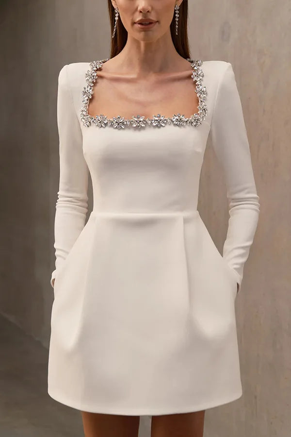 European and American Temperament Square Collar Diamond Setting Velvet Dress, Women's Spring Solid Color Long Sleeve Short Dress