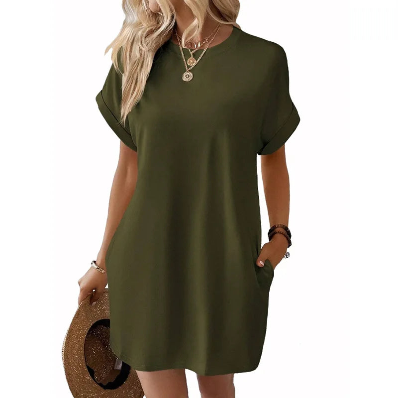 New women's spring and summer fashionable temperament casual commuting solid color round neck loose short sleeved pocket dress