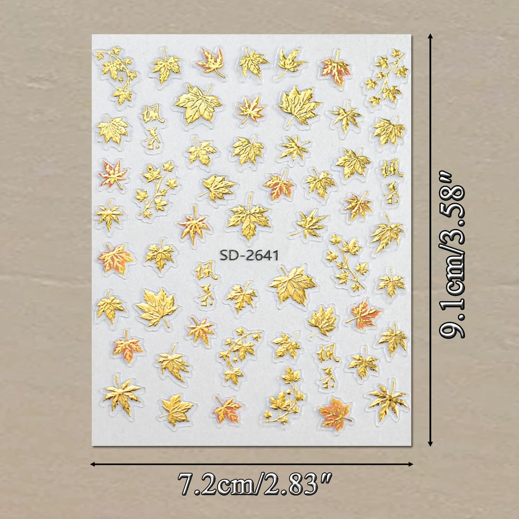 3 to 30 Sheets Autumn Maple Leaves Nail Stickers 5D Embossed Gold Foil Fall Leaf for Nails, Self-Adhesive DIY Manicure Art