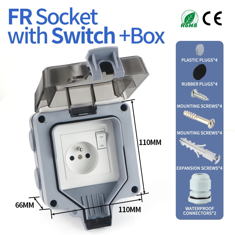 GTRIC Waterproof Outdoor Plug Electrical Sockets 250V AC IP66 DustProof Waterproof Socket With Switch Outside Master Plug