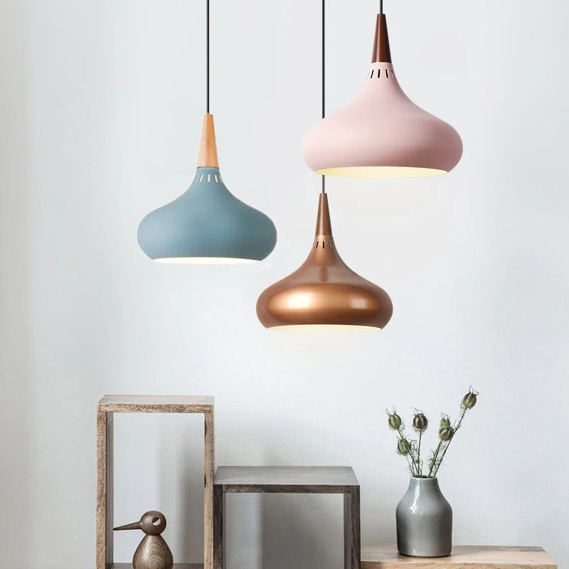GEW Nordic Modern Funnel Pendant Light Wood Aluminum E27 Multi Color Hanging Lamp for Dining Kitchen Island Bedside