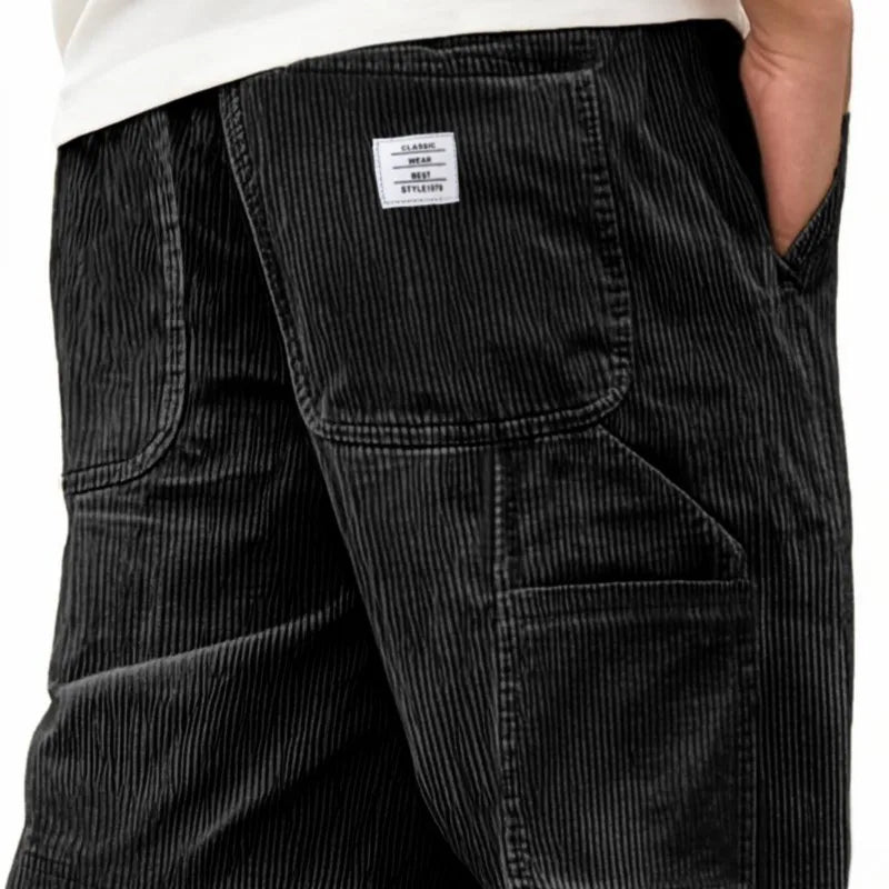 Men's Workwear Shorts Summer Casual Corduroy Loose Elastic Waist Multi-Pocket Leisure Pants Embroidery Retro Style Male Trousers