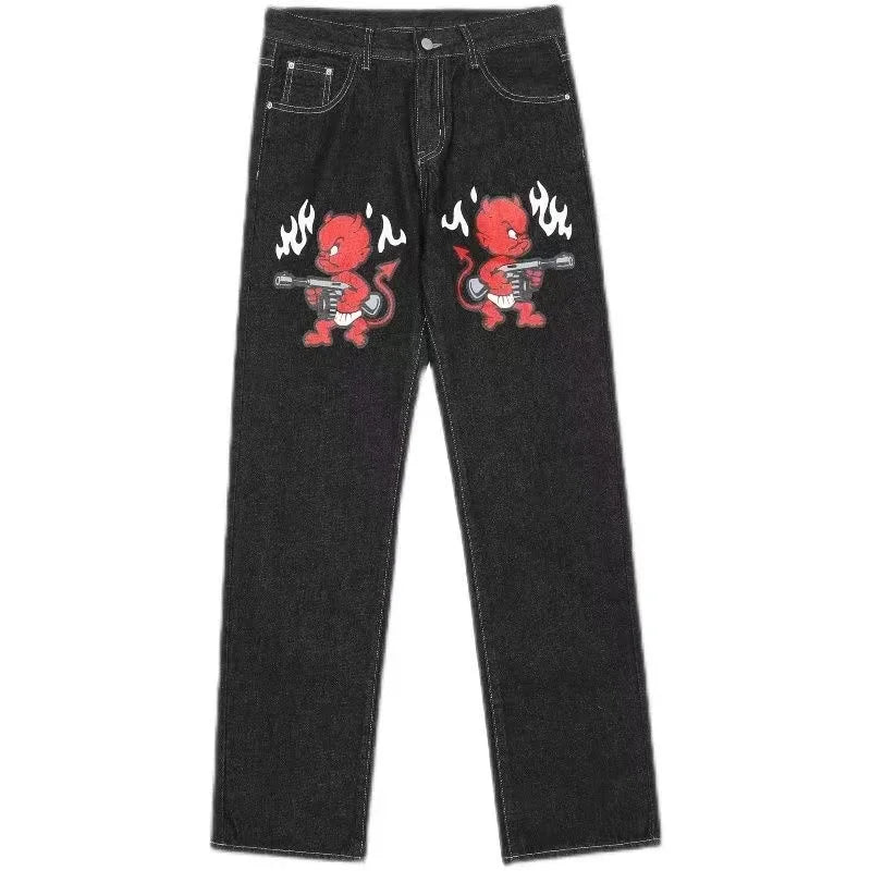 Trend Streetwear Pink Series Five-pointed Star Patch Design  Baggy Denim Pants Cool Dressing Up Personality Straight Leg Jeans