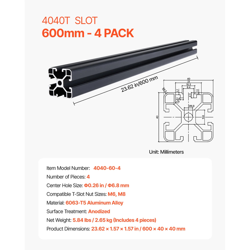 SucceBuy 4PCS 600mm/1000mm T Slot 4040 Aluminum Extrusion Profile Linear Rail for 3D Printer, CNC Machine DIY, Laser Engraving