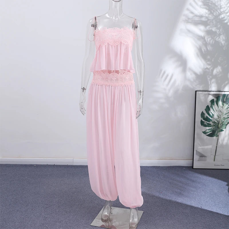 Lace Women Two Piece Set Camisole Tank Top See Through Wide Leg Jogger Pants Stylish Two Piece Outfit Lace Trim Detail  Fashion