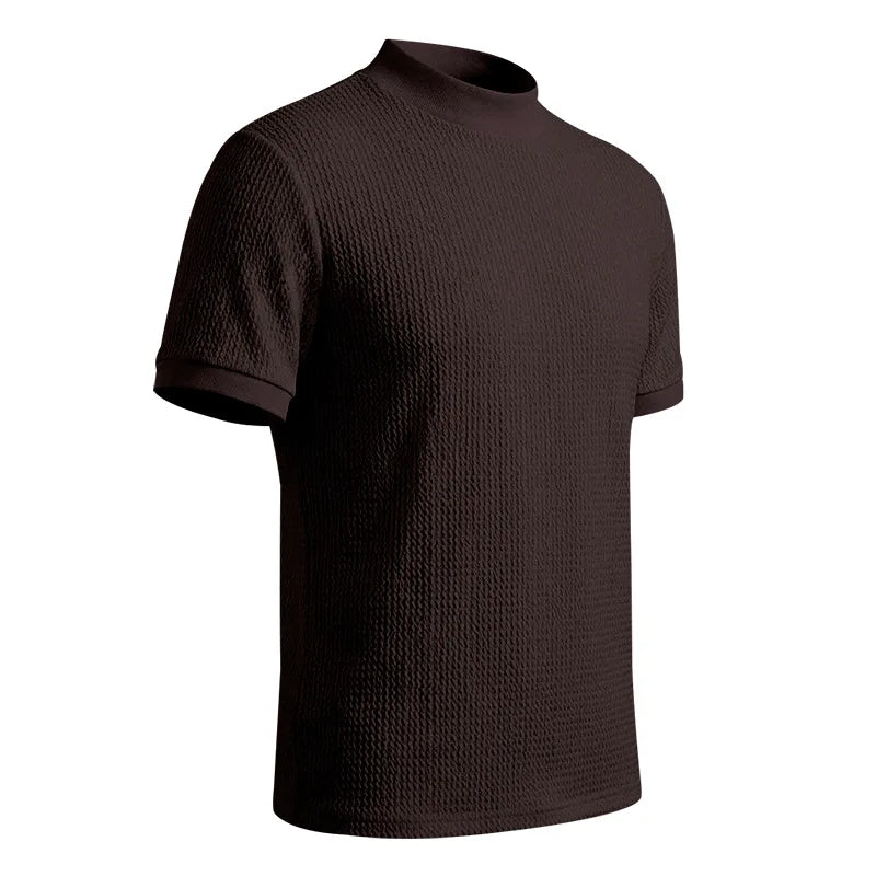 Men Summer Solid Jacquard Textured Mock Neck Short Sleeve T Shirt Slim Fit Simple Versatile Casual Daily Male Basic Tees