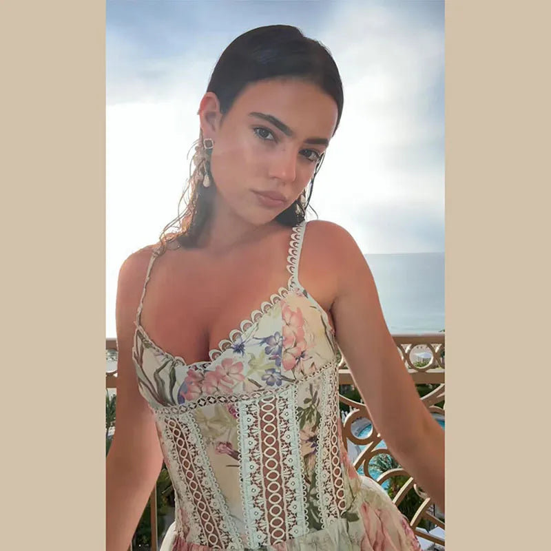 Sexy Printed Women's Dress V-neck Lace Hollow Out A-line Spaghetti Strap Pleated Lady Dresses 2026 Summer Chic Female Party Robe