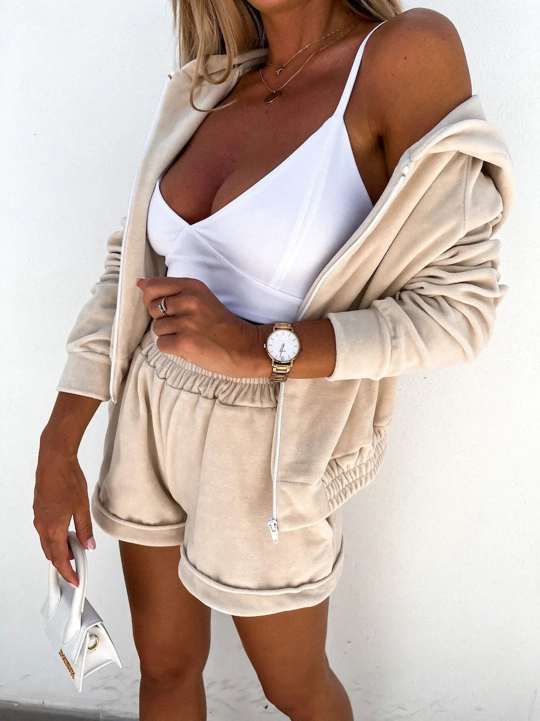 Velvet Sports Style Pant Sets Women Solid Color Hooded Cardigan Shorts Two Piece Set Fashion Casual Female Clothing Streetwear