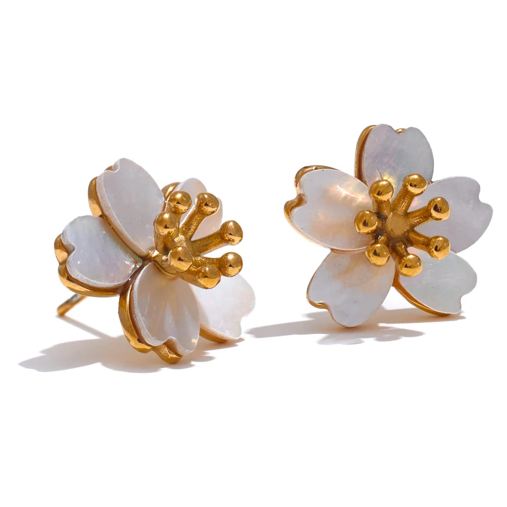 Yhpup High Quality Natural Shell Flower Golden Daily Stud Earrings for Women Prevent Allergy Stainless Steel Exquisite Jewelry