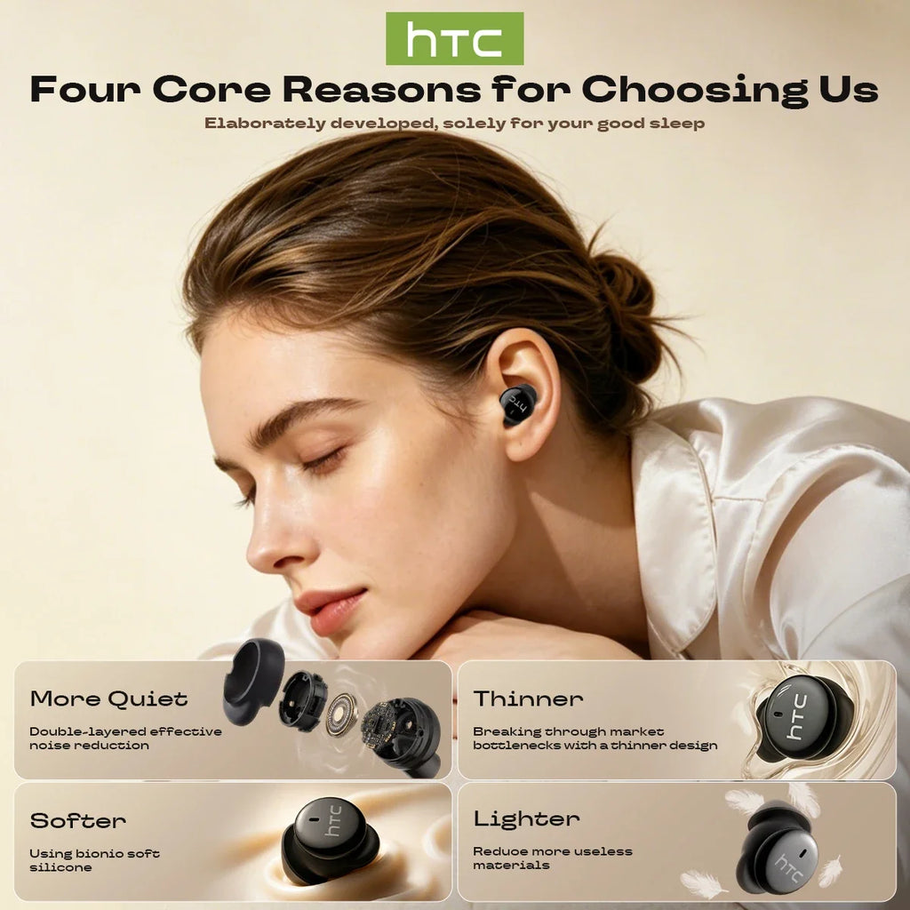 HTC NE92 Sleeping Mini Bluetooth Earphones TWS Wireless Headphones With Mic Noise Reduction Soft In-Ear Earbuds