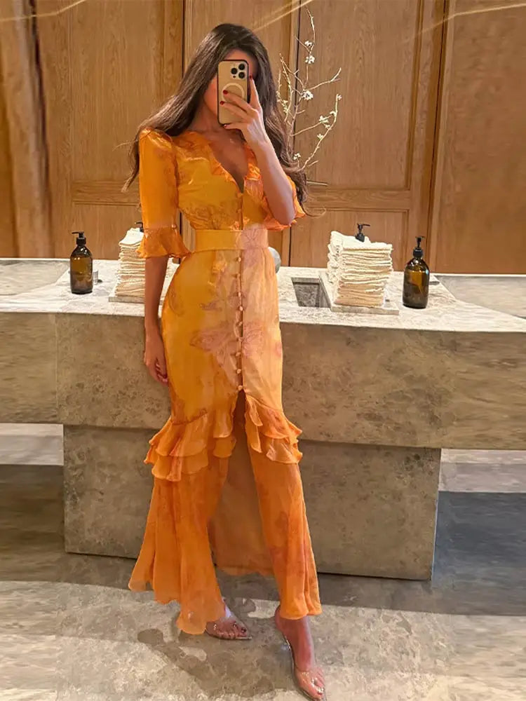 Sexy Print Women Long Dress Urban V-neck Single Breasted Ruffles Half Sleeve Female Dresses 2026 Spring Autumn Lady Robe