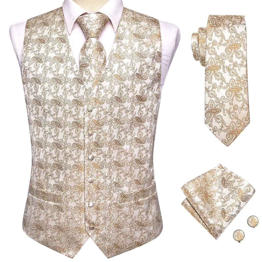 Hi-Tie Silk Mens Waistcoat Tie Set Gold Brown Orange Beige Ivory Khaki Bronze Sleeveless Jacket Suit Vest Necktie Hanky Cufflink