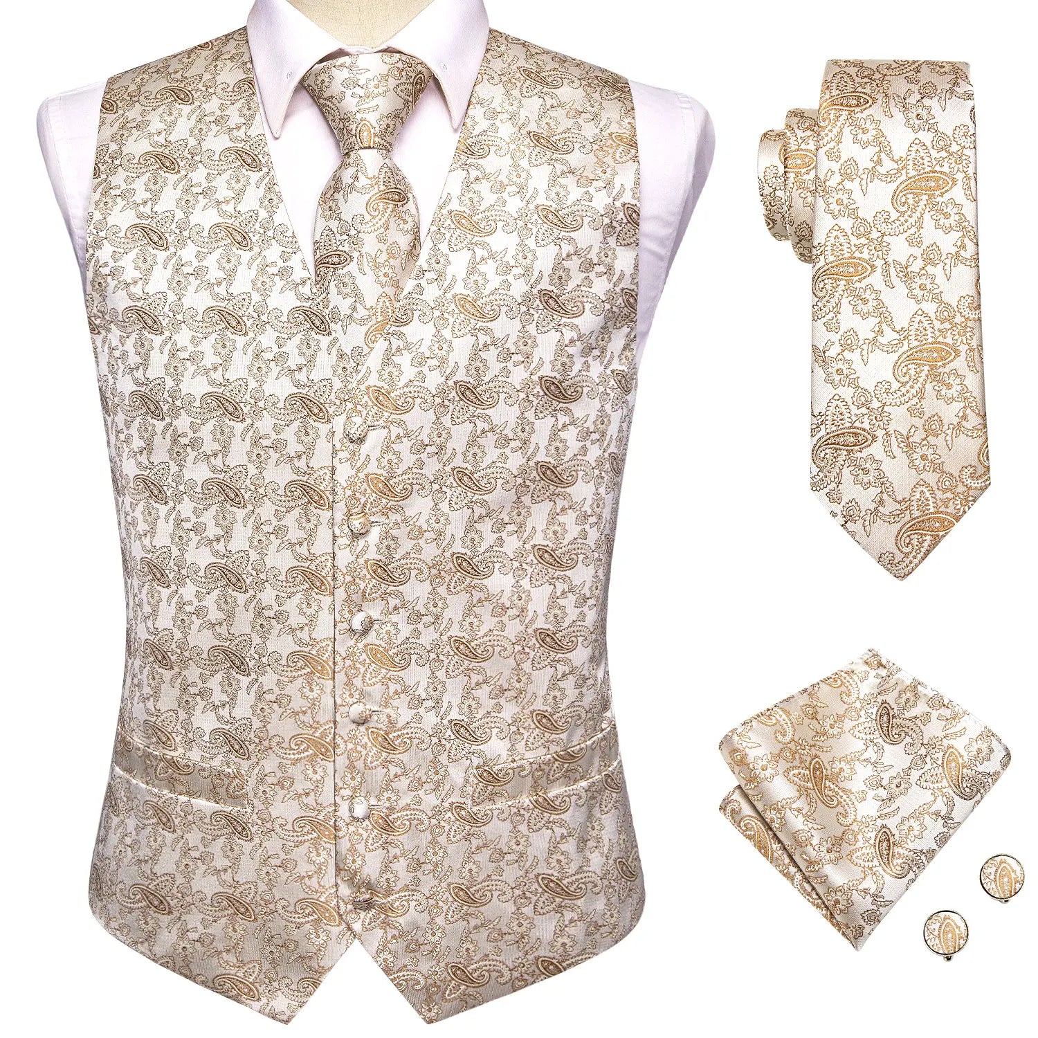 Hi-Tie Silk Mens Waistcoat Tie Set Gold Brown Orange Beige Ivory Khaki Bronze Sleeveless Jacket Suit Vest Necktie Hanky Cufflink
