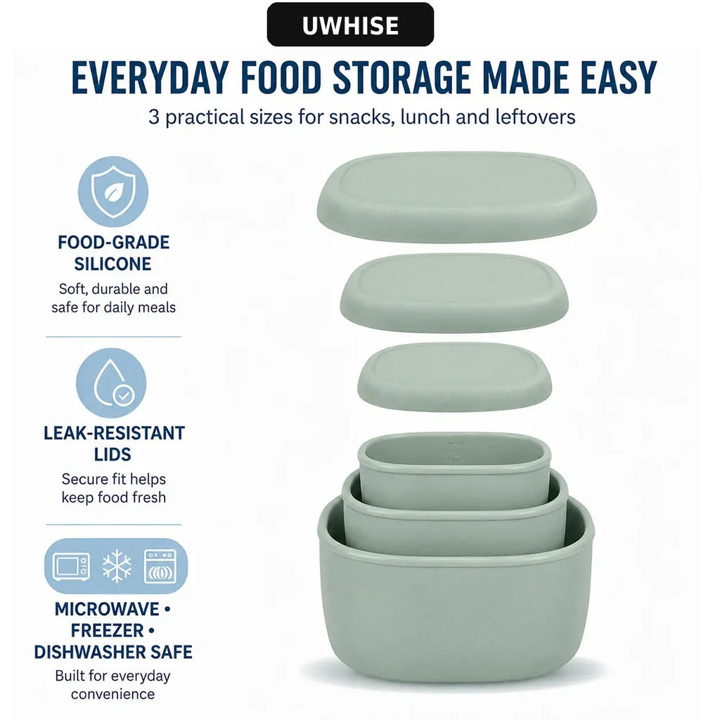 Uwhise Silicone Lunch Box Set Food Storage Containers 3 Pcs Bento Box For Microwave Freezer Nestable Salad Snack Bowls
