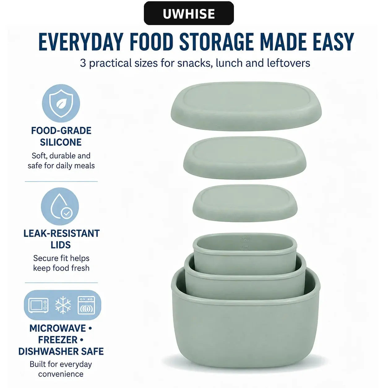 Uwhise Silicone Lunch Box Set Food Storage Containers 3 Pcs Bento Box For Microwave Freezer Nestable Salad Snack Bowls