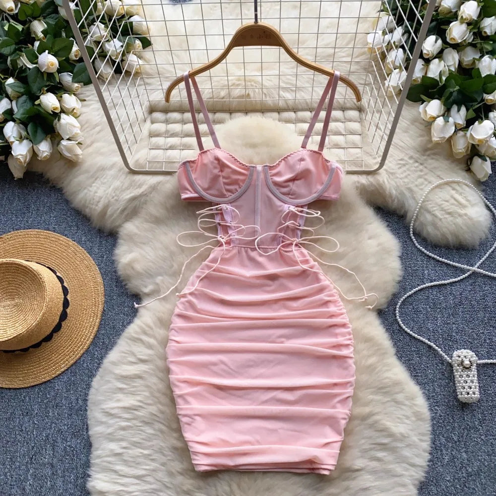 Foamlina Ins Sexy Hollow Out Sling Dress with Exposed Waist Bandage Pleated Slim Fit Bodyocn Girl's Photo Date Short Dress
