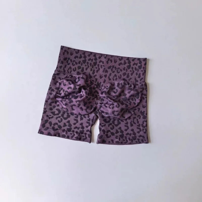 Sexy Leopard Print Seamless Yoga Shorts High Waist Peach Butt Lift Tummy Control 4-Way Stretch Breathable Workout Cycling Pants