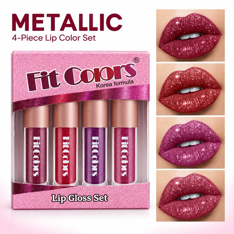 4 Color Lip Gloss Set for Women Matte Glossy Velvet or Metallic Glitter Liquid Lipstick Makeup Gift Kit for Daily and Party Wear
