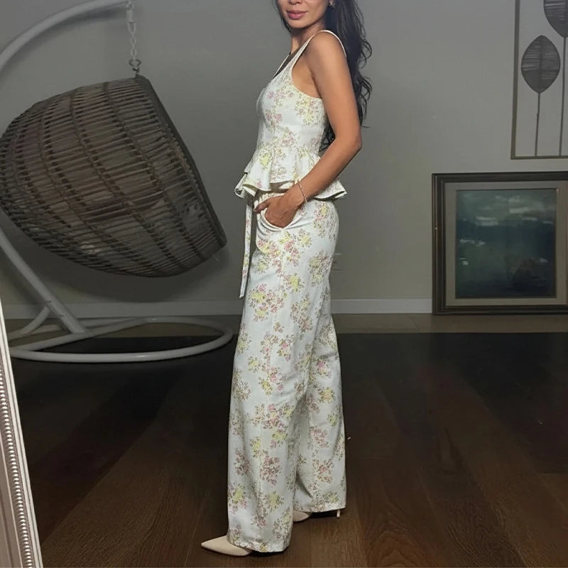 New Floral Print Two Piece Set for Women Sexy Square Collar Ruffle Sling Top And Long Pants Outfit Summer Sleeveless Hollow Suit