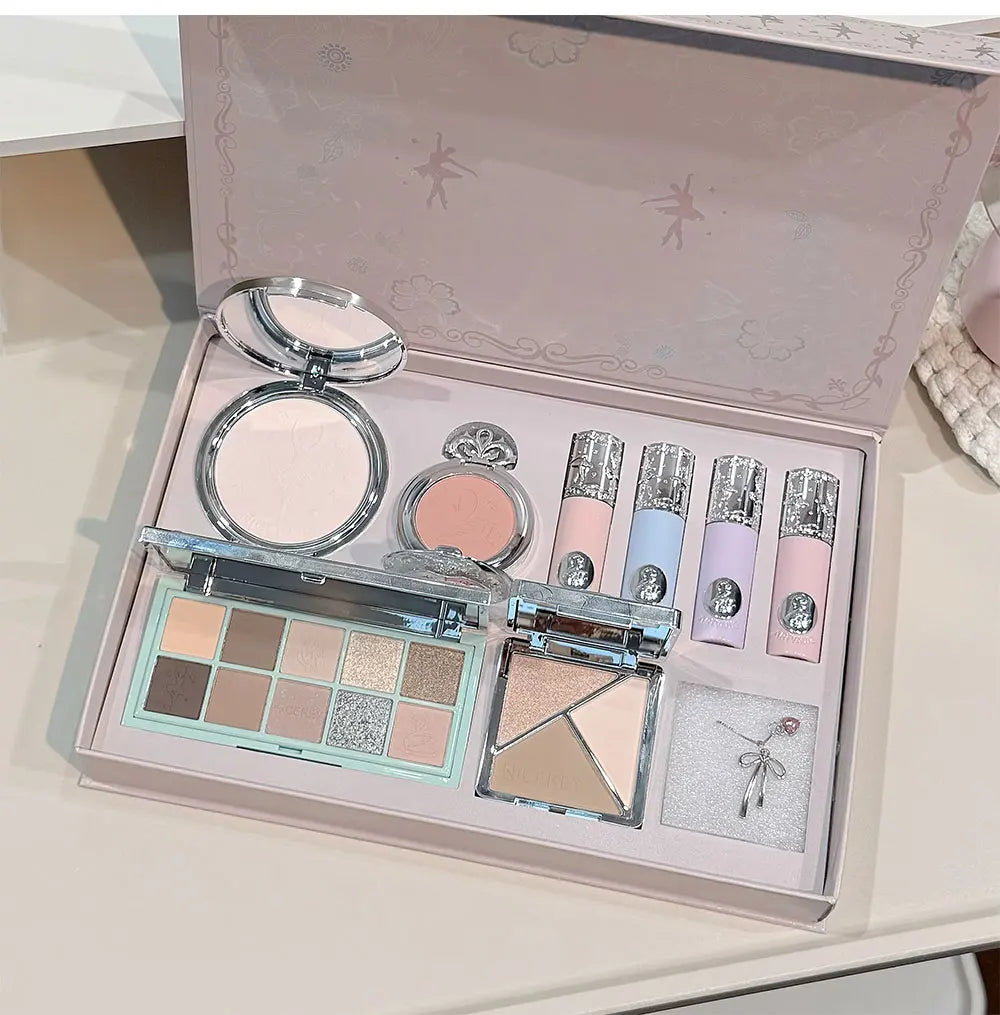 NICEKEY Face Makeup Sets Include 4 Lipgloss,1 Blush,1 Pressed Powder,1 Eyesshadow Palette,1 Contour Palette With Necklace Gift