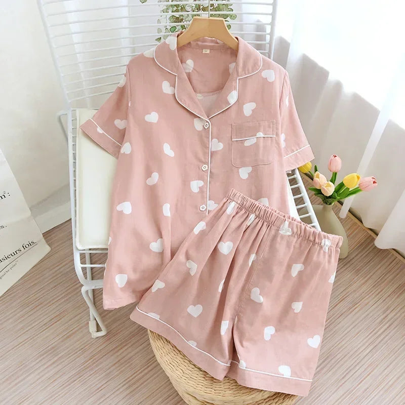 Japanese simple short pyjamas women 100% cotton short sleeves ladies pajama sets shorts Cute cartoon sleepwear women homewear