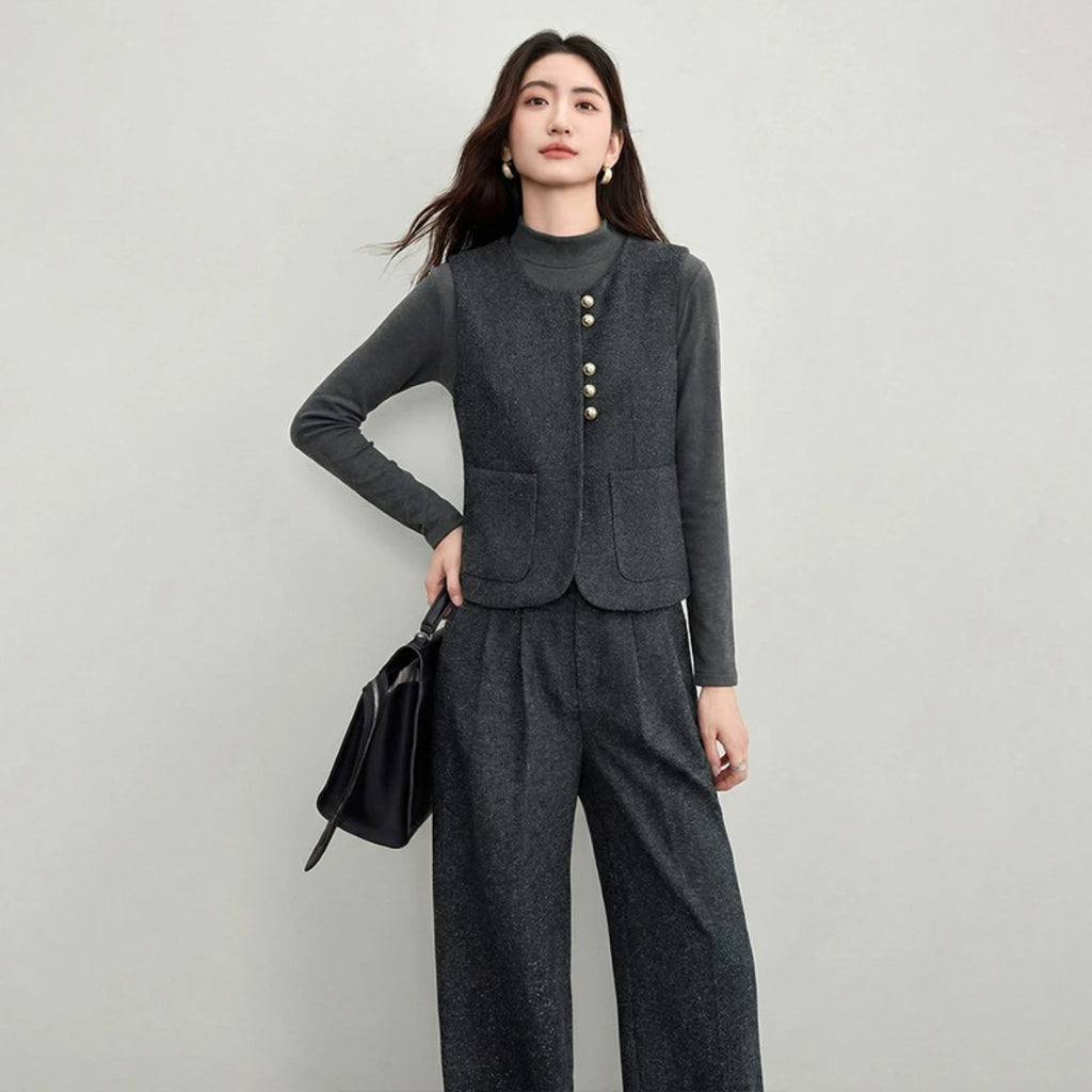 SENTUBILA Women's 2 Piece Pants Set 2026 New O Neck Waistcoat Straight Pant Winter Office Lady Wool Blend Female Suit 154ZA6093