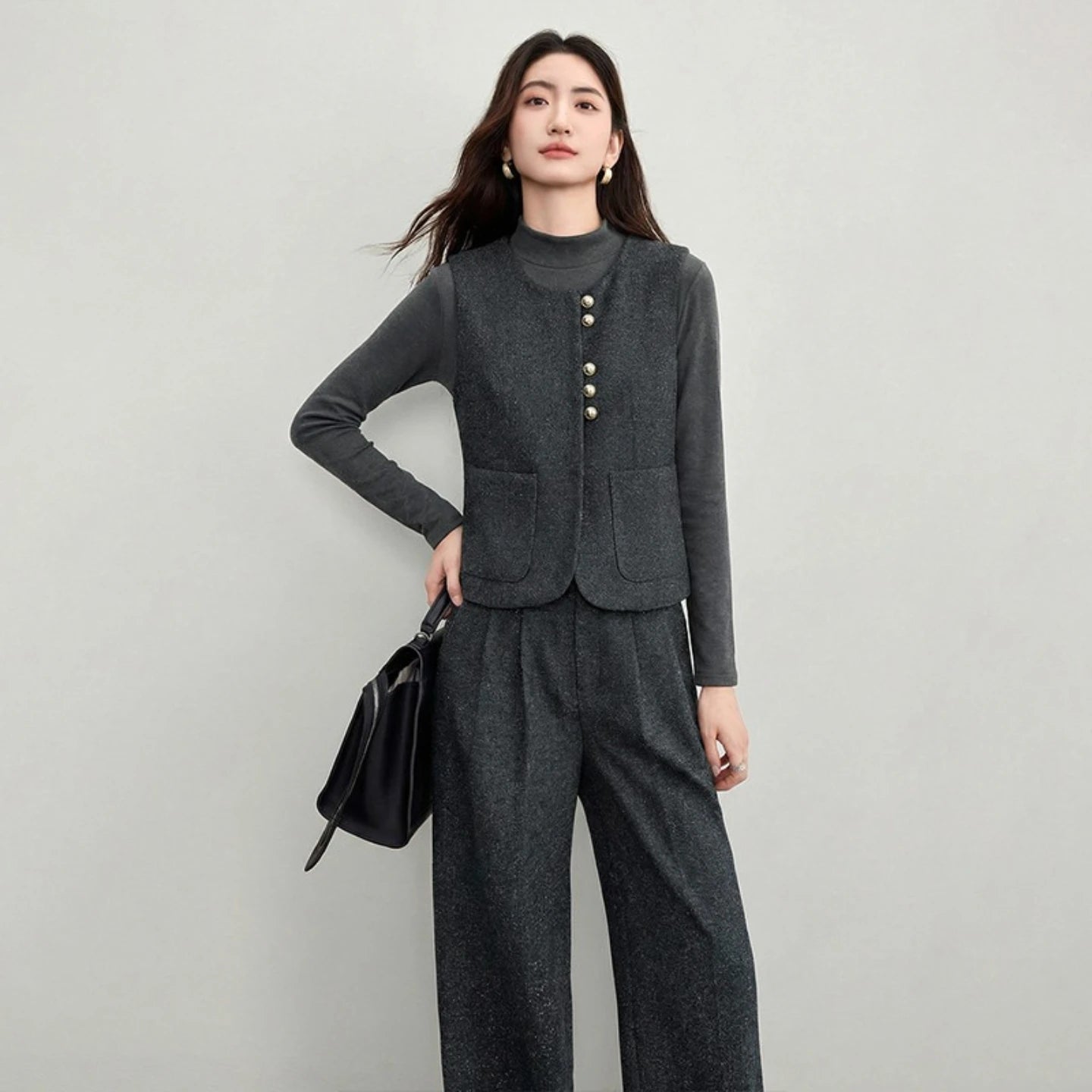 SENTUBILA Women's 2 Piece Pants Set 2026 New O Neck Waistcoat Straight Pant Winter Office Lady Wool Blend Female Suit 154ZA6093